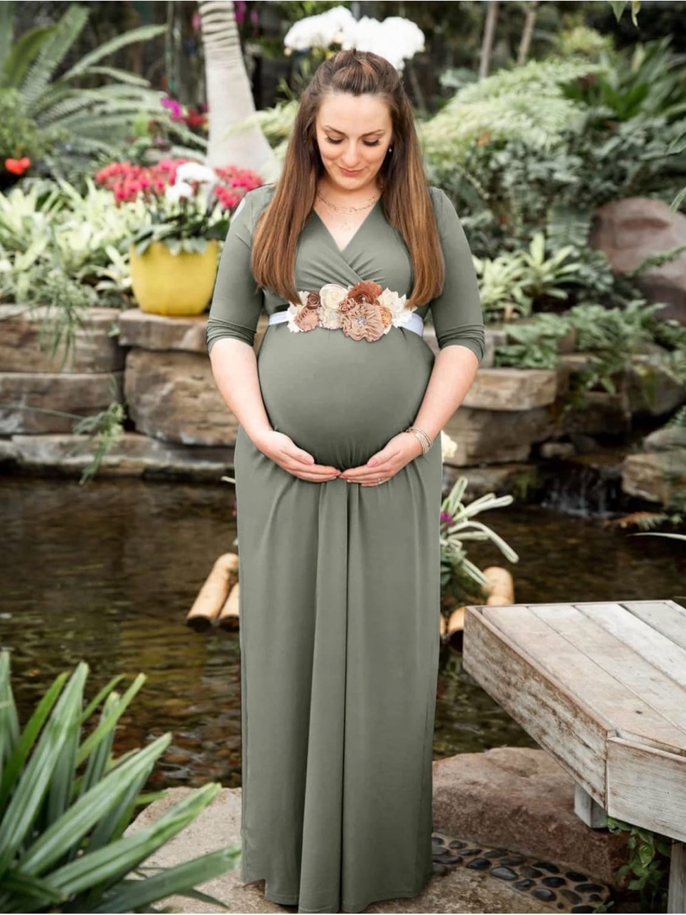 Amazon Olive Wrap Maternity Maxi Dress with Floral Sash